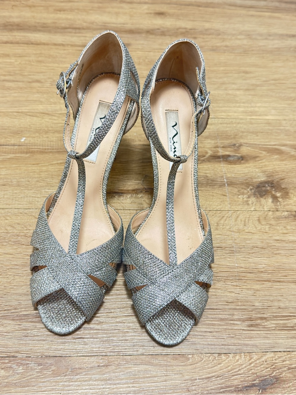 Nina Sparkling Silver T-Strap Peep-Toe Heels